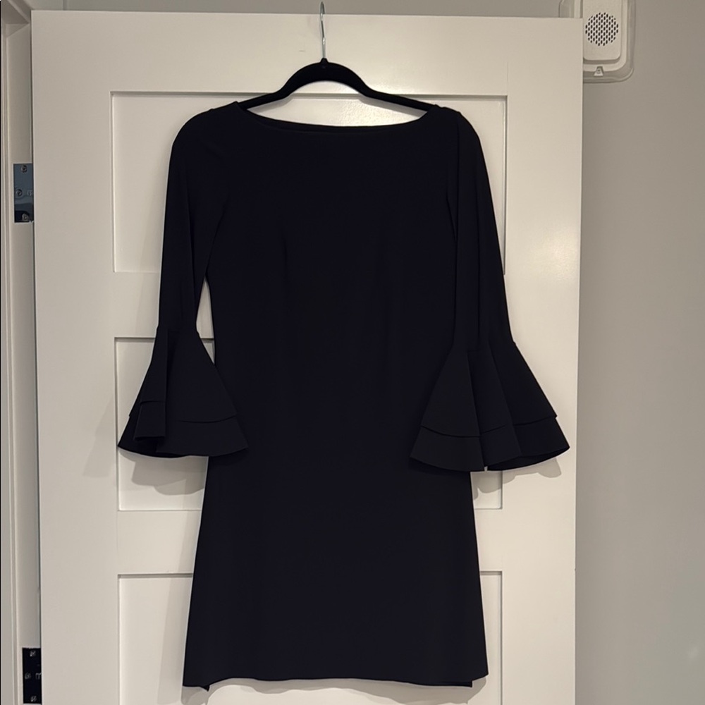 Black Sheath Dress with Bell Sleeves and Bateau Neckline